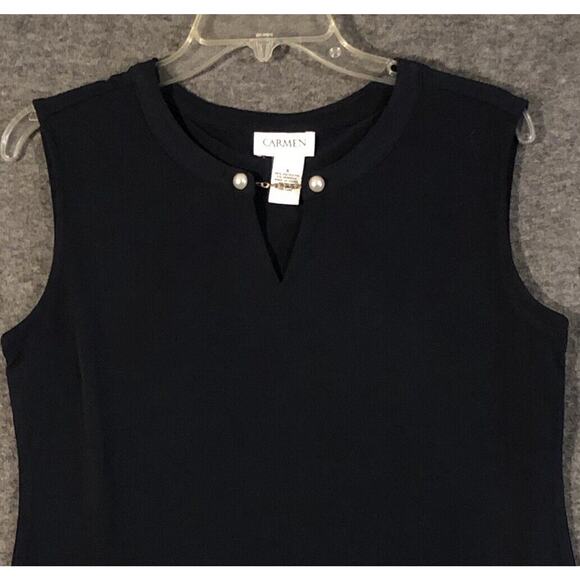 Carmen Marc Top Womans S Valvo Black Sleeveless Gold Chain-Pearls Neckline Chic - Picture 1 of 7